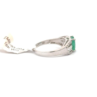 18K White Gold Oval Shape Emerald and Round/Baguette Shape Diamonds Ring.