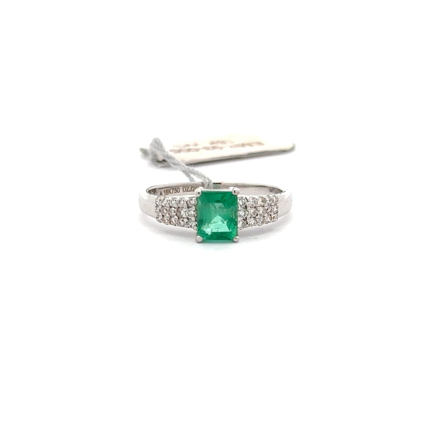 0.75 ct Natural Emerald Center | 0.25 ct Natural Side Diamonds | 18k White Gold.