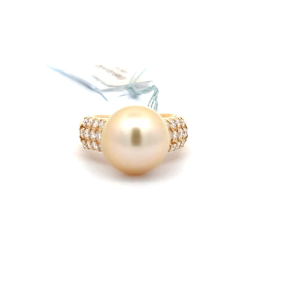 Elegant 18K Yellow Gold Women’s Ring with 13mm AAA Authentic Pearl.