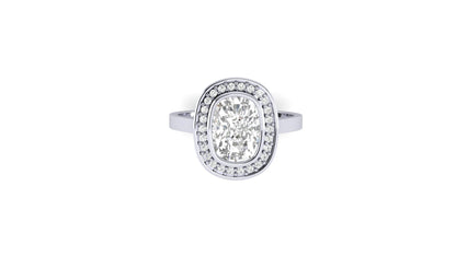 2.10 ct Cushion Cut Center Lab Grown Diamond | Color: E | Clarity: VVS | 0.50 ct Lab-Grown Side Diamonds | Halo Ring.