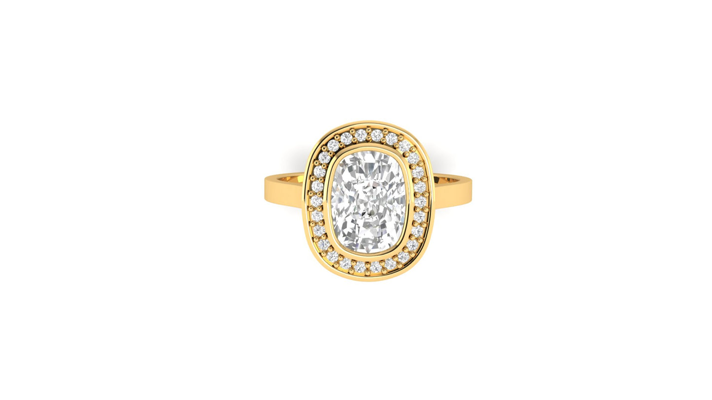 2.10 ct Cushion Cut Center Lab Grown Diamond | Color: E | Clarity: VVS | 0.50 ct Lab-Grown Side Diamonds | Halo Ring.
