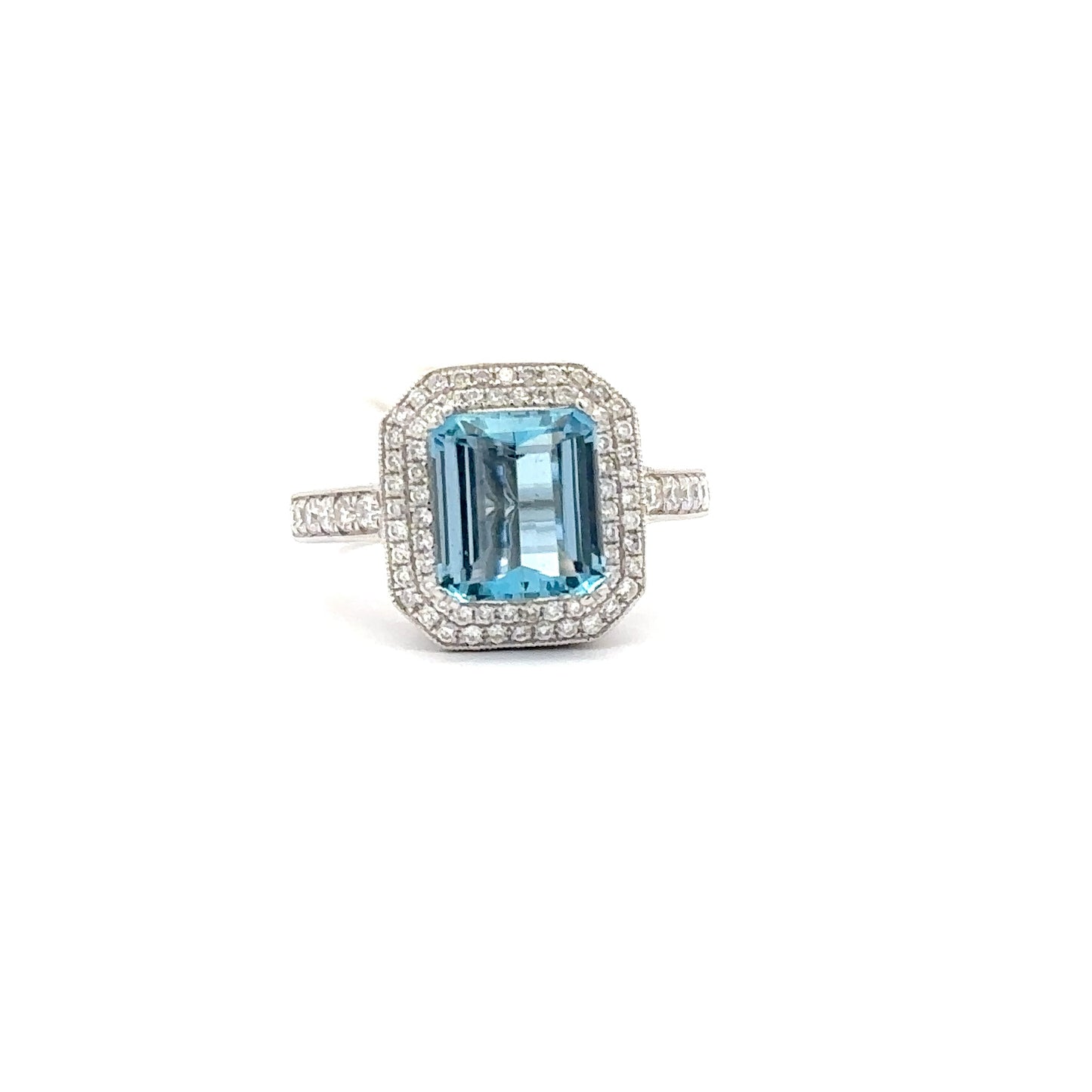 14K WHITE GOLD | 2.40 CT AQUAMARINE CENTERED | 0.92 NATURAL SIDE DIAMONDS RING.