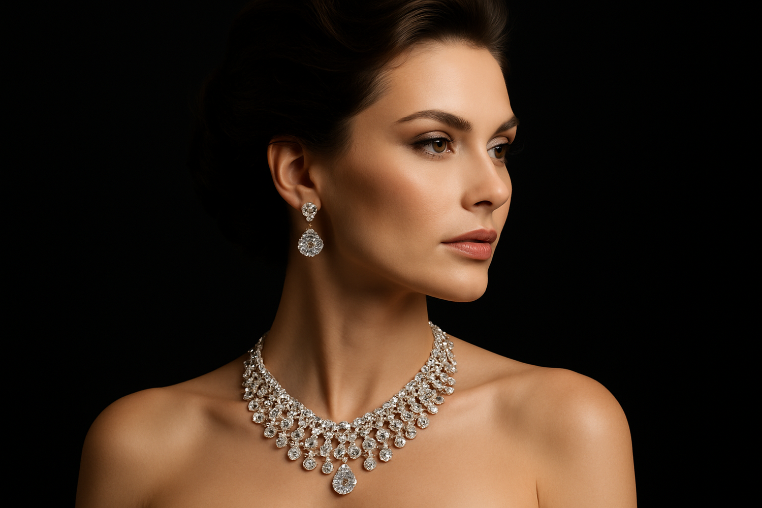i want to generate beautiful girl wearing diamond necklace and diamond earring with all black background