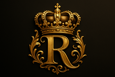 its letter R surrounded by the royal crown all in golder color