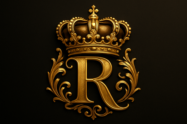 its letter R surrounded by the royal crown all in golder color