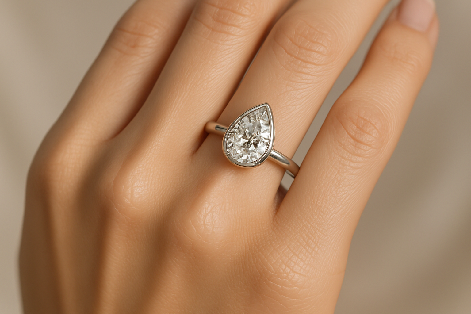 MAKE A IMAGE OF 1.20 CARAT LAB GROWN DIAMOND BEZEL SET SOLITAIRE RING IN PEAR SHAPE THAT WEARING IN A GIRLS HAND