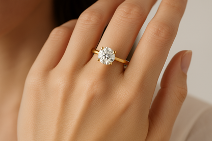 make-a-image-of 1 carat-lab-grown-diamond-4 PRONG SETTING solitaire-ring-in-ROUND shape-in-yellow-gold-that-wearing-in-a-girls-hand