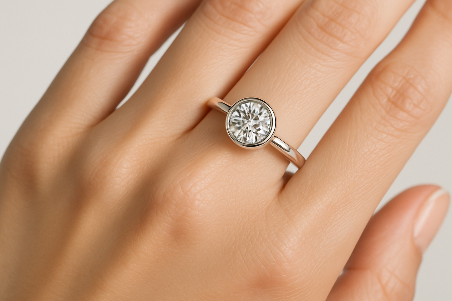 MAKE A IMAGE OF 1 CARAT LAB GROWN DIAMOND BEZEL SET SOLITAIRE RING IN ROUND SHAPE THAT WEARING IN A GIRLS HAND