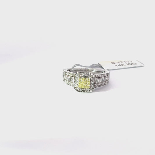 0.30ct Natural Yellow Princess-Cut(4 pc) Diamond Ring | 0.66ct Side Diamonds | 14K WG