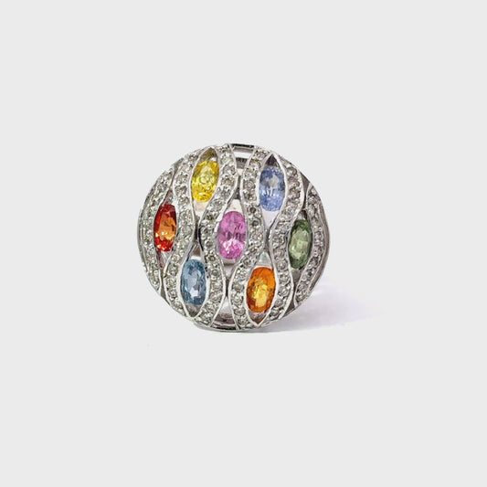 2.40ct Natural Oval Multi-Color Sapphires (7 pcs) & 0.56ct Natural Diamonds Ring | 14K WG