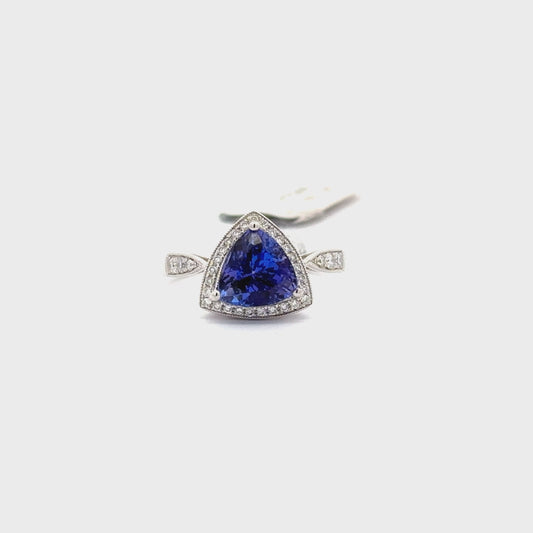2.27ct Natural Trillion-Cut Tanzanite Center & 0.24ct Natural Side Diamonds Ring | 14K WG