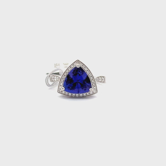 3.09ct Natural Trillion-Cut Tanzanite Center & 0.27ct Natural Side Diamonds Ring | 14K WG