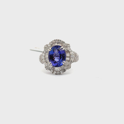 4.61ct Natural Oval Tanzanite Center & 1.92ct Natural Side Diamonds Ring | 18K WG