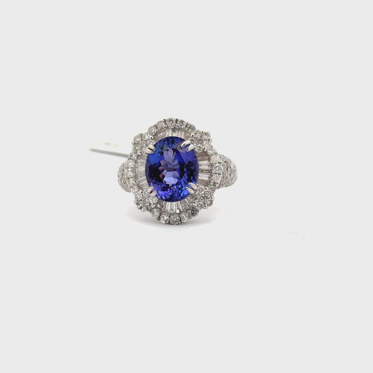 4.61ct Natural Oval Tanzanite Center & 1.92ct Natural Side Diamonds Ring | 18K WG
