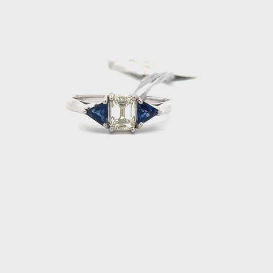 0.92ct Natural Emerald Cut Diamond & 0.65ct Natural Trillion-cut Sapphire Diamonds Ring | 14K WG