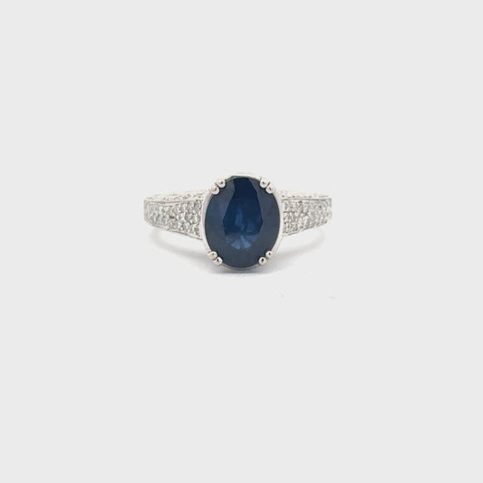 3.06ct Natural Oval Blue Sapphire & 0.90ct Natural Round Diamonds Ring | 18K WG