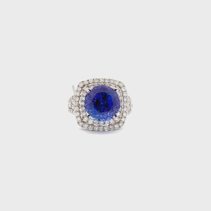 7.83ct Natural Round Tanzanite Center & 1.71ct Natural Side Diamonds Ring | 18K WG