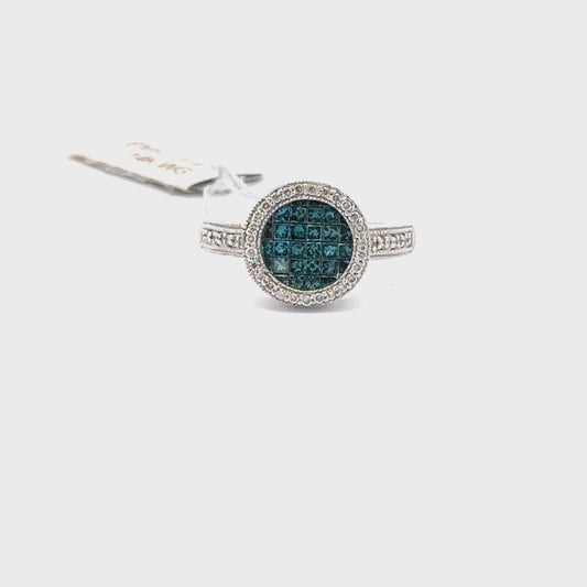 14k WHITE GOLD | 0.20 CT NATURAL DIAMOND | 0.80 CT NATURAL BLUE DIAMONDS RING.