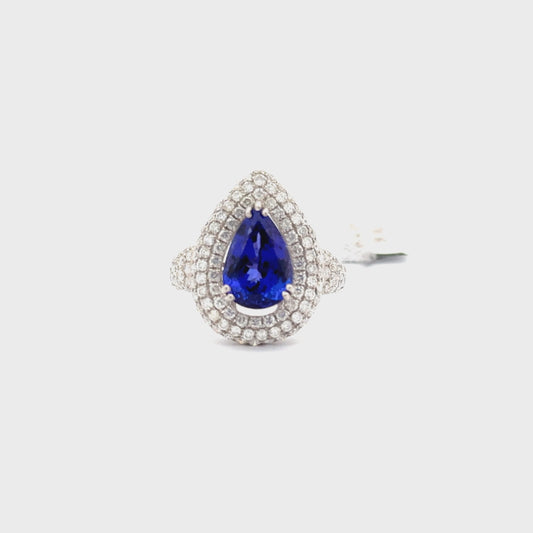 4.20ct Natural Pear Tanzanite Center & 2.00ct Natural Side Diamonds Ring | 18K WG