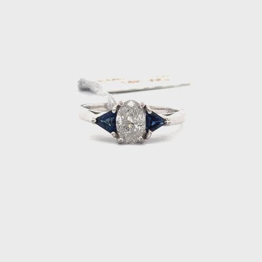 0.85ct Natural Oval Diamond & 0.45ct Natural Trillion-cut Sapphire Diamonds Ring | 14K WG