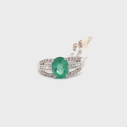 18K White Gold Oval Shape Emerald and Round/Baguette Shape Diamonds Ring.