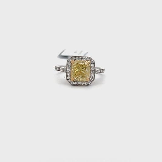 2.01ct Center Yellow Natural Diamond Ring | 0.50 ct Side Diamonds | PLATINUM/18K YG