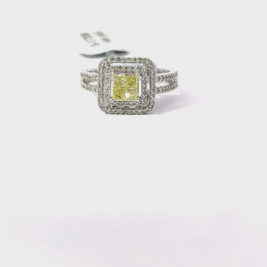 0.36ct Natural Yellow Princess-Cut(4 pc) Diamond Ring | 0.50ct Side Diamonds | 14K WG