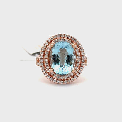 14K ROSE GOLD | 5.04 CT AQUAMARINE CENTERED | 0.91 CT NATURAL DIAMONDS RING.