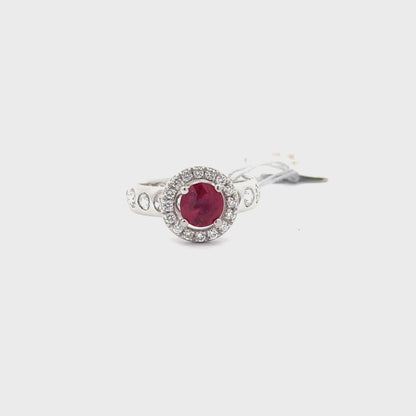18k White Gold Round Ruby Women’s Designer Ring.